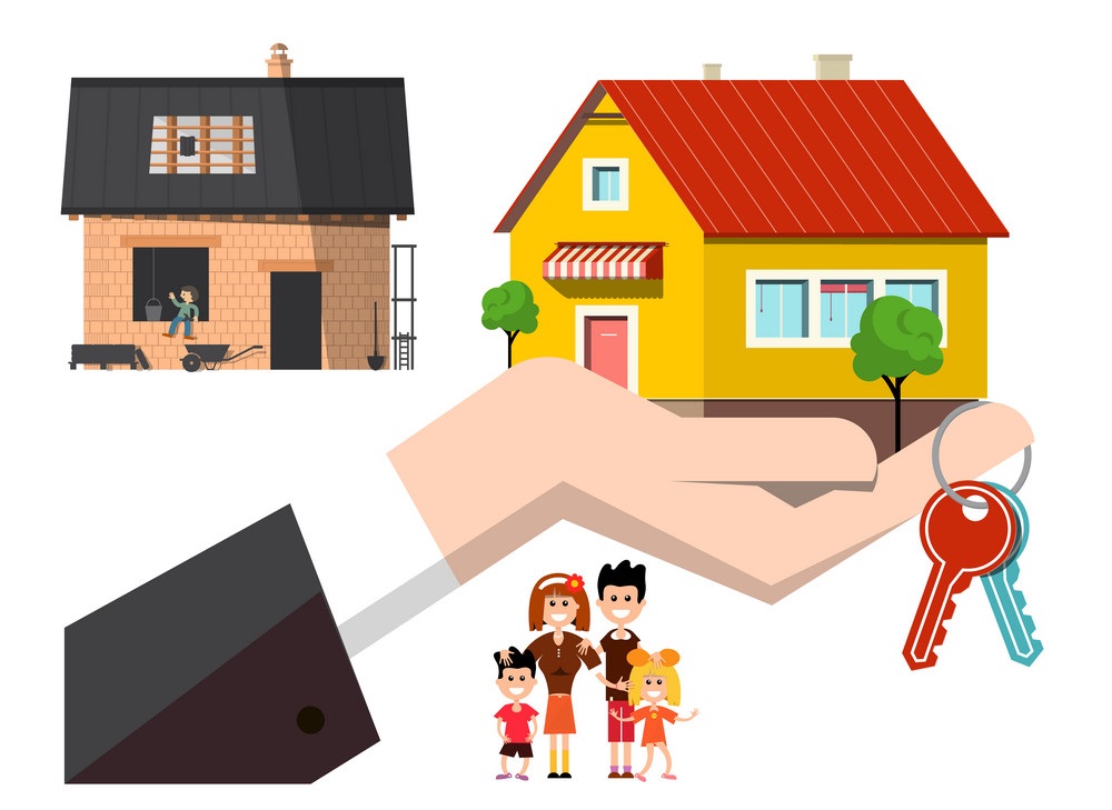 House Construction with Keys and New Final Building in Hand and Happy Family Vector Illustration